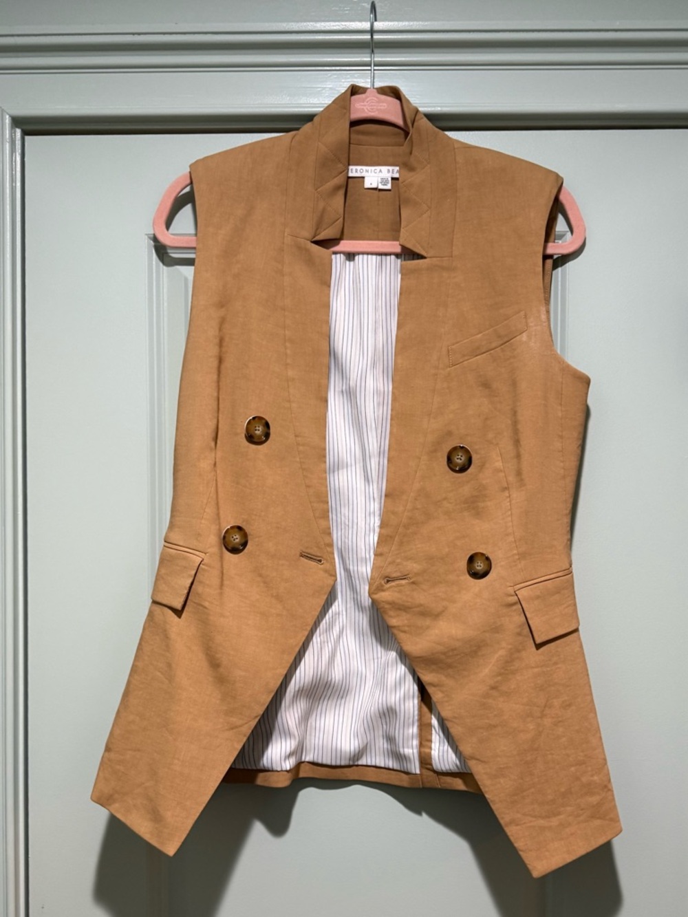 Veronica Beard Sleeveless Double-Breasted Vest in Camel Tan